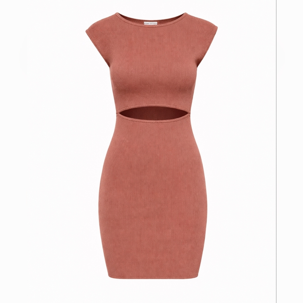 Wilfred Ribbed Cutout Knit Mini Dress Mocha Sorbet Size M NWT